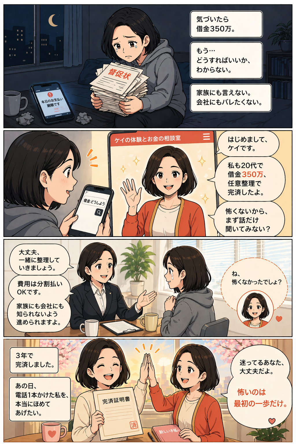 借金350万の主人公がケイに出会い、弁護士相談を経て完済するまでのマンガ