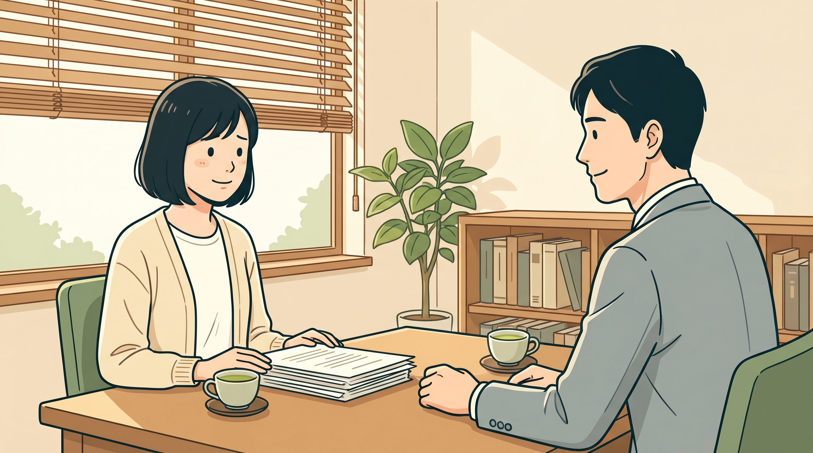 弁護士と向き合って相談するケイ
